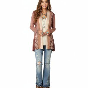 LOGO Lori Goldstein‎ Womens Dusty Rose Mixed Media Cardigan Medium Lace Dainty